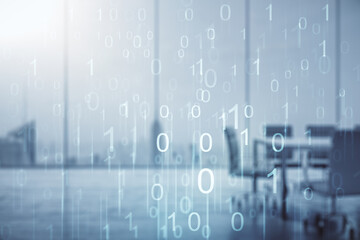 Aufkleber - Abstract virtual binary code illustration on a modern conference room background. Big data and coding concept. Multiexposure