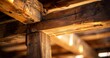 Wooden beams and joints, architectural detail, close-up, golden hour, wide lens, warm tones.