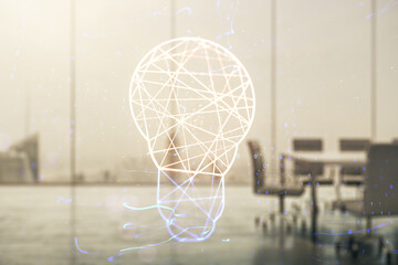 Aufkleber - Abstract virtual light bulb illustration on a modern coworking room background, future technology concept. Multiexposure