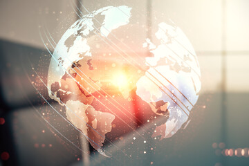 Poster - Double exposure of abstract digital world map hologram on a modern boardroom background, big data and blockchain concept