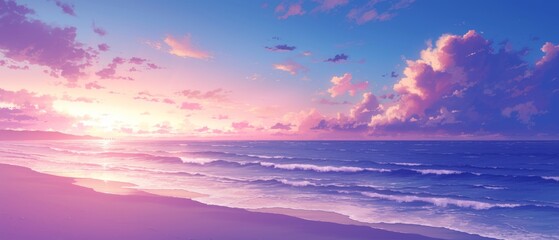 Canvas Print - A digital painting of a sunset over the ocean. The sky is ablaze with color, with streaks of orange, pink, and purple.