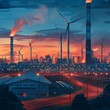 Renewable Energy Meets Industrial Might Wind turbines towering over industrial facilities, a fusion of green energy and industrial power, dawn lighting , illustration