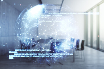 Aufkleber - Double exposure of abstract creative programming illustration and world map on a modern boardroom background, big data and blockchain concept