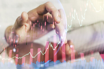 Poster - Abstract creative financial graph with world map and finger clicks on a digital tablet on background, financial and trading concept. Multiexposure