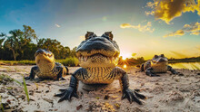 Two Crocodiles Are Sitting On The Sand With Their Mouths Wide Open