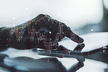 Poster - Multi exposure of abstract financial graph and hand working with a digital tablet on background, financial and trading concept
