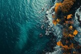 Fototapeta  - Aerial view of a rocky shore with autumn trees and turquoise water at lake biel in switzerland