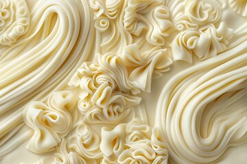 Bold abstract pasta motifs, reminiscent of twirling spaghetti and hearty ravioli, burst forth against a backdrop of pure white, celebrating the comforting simplicity of culinary tradition.