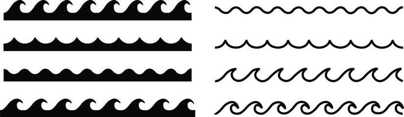 Fototapete - Set of Black wave icons in fill flat styles. Wave illustration signs can be used for web, mobile app. Ocean symbol. Water sea element, Ocean liquid curve flowing swirl storm on transparent background.