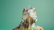close-up of a young iguana on a green background, gazing directly at the camera in a professional photo studio setting. Perfect for a pet shop banner or advertisement