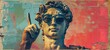 Antique statue head with sunglasses in a collage style. The image features a classical sculpture against a vibrant, textured background with urban and pop art influences