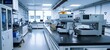 Modern electronics laboratory. A sleek and clean laboratory interior with advanced analytical and measurement equipment, illuminated by bright fluorescent lights