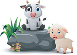 Fototapeta Dinusie - Cartoon baby cow and sheep sitting on the stone