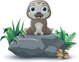 Fototapeta Dinusie - Cartoon funny baby sloth sitting on the stone