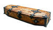 A brown wooden coffin with decoration, isolated on a transparent background