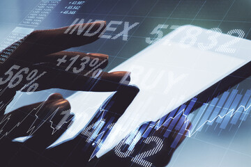 Poster - Double exposure of abstract creative financial diagram with finger clicks on a digital tablet on background, banking and accounting concept