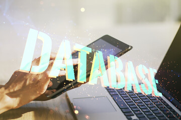 Aufkleber - Double exposure of creative Database word hologram and finger clicks on a digital tablet on background, research and development concept