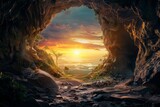Fototapeta  - A view of a sunset from a cave opening. The sun is a bright orange disc setting in a sky filled with streaks of orange, pink, and purple. The silhouette of rocky cliffs can be seen in the foreground.