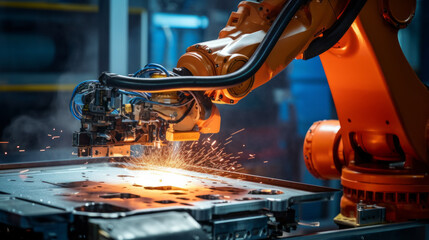 Aufkleber - The robot polishes a metal product with sparks of fire in the factory. Automatic Grinding, Equipment Manufacturing, Machinery, Industry concepts