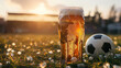 Glass of fresh beer and soccer ball in the stadium at sunset