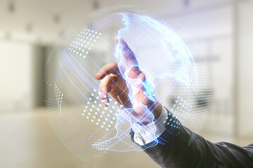 Poster - Double exposure of businessman hand working with graphic America map on blurred office background, big data and digital technology concept