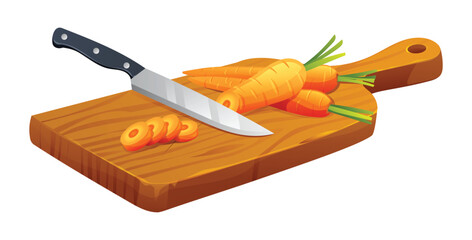 Wall Mural - Carrots and cut sliced with knife on wooden cutting board. Vector illustration isolated on white background