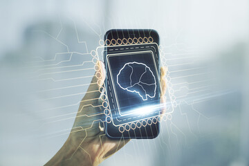 Poster - Double exposure of creative human brain microcircuit and hand with cellphone on background. Future technology and AI concept