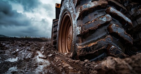 Wall Mural - Heavy machinery tire tread in mud, close-up, cloudy day, ultra-wide lens, high texture detail. 