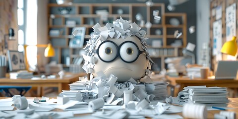 Poster - Scribbled Notepad Character Bursting with Creativity and Ideas in a Cluttered Workspace