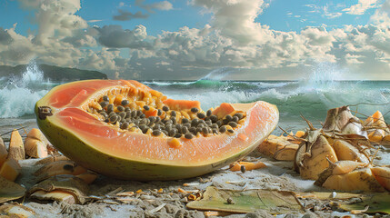 Wall Mural - Delicious juicy papaya on the shore of the turquoise ocean against the background of clouds