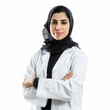 A Saudi Arabian woman, in a lab coat, breaking stereotypes and advancing in science and technology fields on white background. 