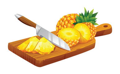 Wall Mural - Sliced pineapples with knife on wooden cutting board. Vector illustration isolated on white background