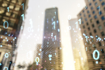 Aufkleber - Abstract virtual binary code illustration on office buildings background. Big data and coding concept. Multiexposure