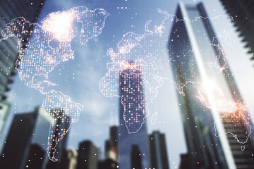 Poster - Multi exposure of abstract graphic world map hologram on blurry cityscape background, connection and communication concept