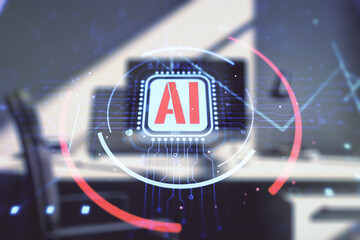 Wall Mural - Double exposure of creative artificial Intelligence abbreviation and modern desk with computer on background. Future technology and AI concept