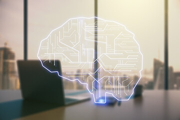 Poster - Double exposure of creative human brain microcircuit and modern desk with computer on background. Future technology and AI concept