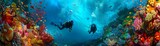 Fototapeta Do akwarium - Scuba divers amidst neon coral reefs