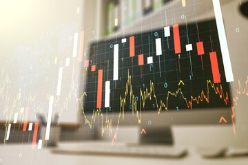 Poster - Abstract creative financial graph with world map and modern desktop with computer on background, forex and investment concept. Multiexposure