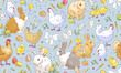 Seamless pattern with happy easter elements on blue background. Vector illustration of easter bunny, chicken, hen, rooster and flowers. Textile, wallpaper, wrap design template