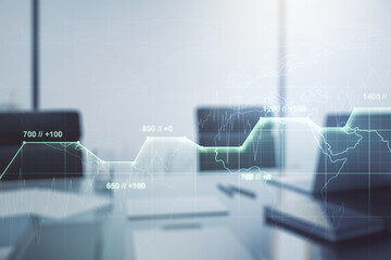 Poster - Double exposure of abstract creative statistics data hologram and modern desk with computer on background, analytics and forecasting concept