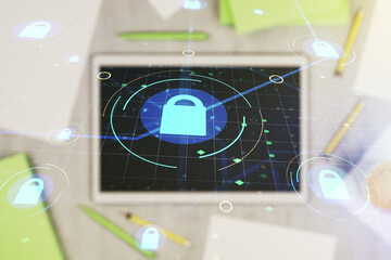 Wall Mural - Double exposure of creative lock hologram with chip and digital tablet on background, top view. Information security concept