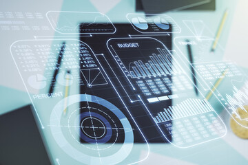 Poster - Double exposure of abstract creative statistics data hologram and modern digital tablet on background, analytics and forecasting concept