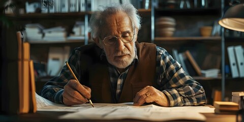 Poster - Elderly Architect Sketching Dream Buildings Blueprints of the Mind Lost in Creative Contemplation at His Desk