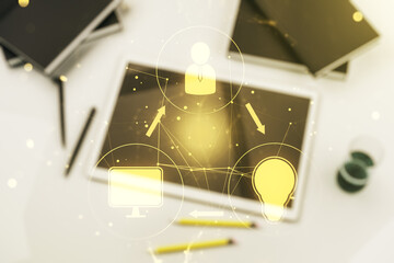 Poster - Double exposure of social network icons concept and digital tablet on background, top view. Marketing and promotion concept
