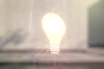 Poster - Double exposure of creative light bulb hologram on modern business center exterior background, research and development concept