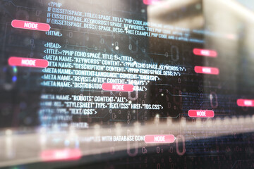 Poster - Multi exposure of abstract programming language hologram on contemporary business center exterior background, artificial intelligence and machine learning concept