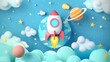 3D cartoon planet Earth, rocket and moon floating in space, simple background with clouds and planets, in the style of clay illustration, pink blue yellow color palette, cute cartoon design