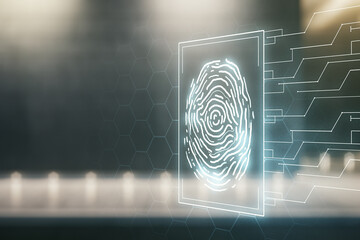 Aufkleber - Multi exposure of virtual fingerprint scan interface on contemporary business center exterior background, digital access concept