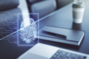Poster - Abstract creative fingerprint concept on modern laptop background. Multiexposure