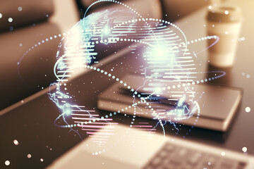 Poster - Abstract graphic digital world map with connections on modern computer background, globalization concept. Multiexposure